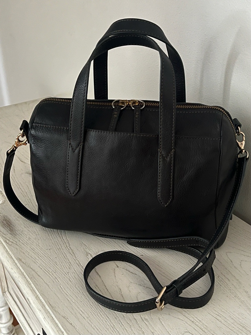 Fossil Sydney Satchel Bag With Optional Crossbody Strap Black Soft Leather